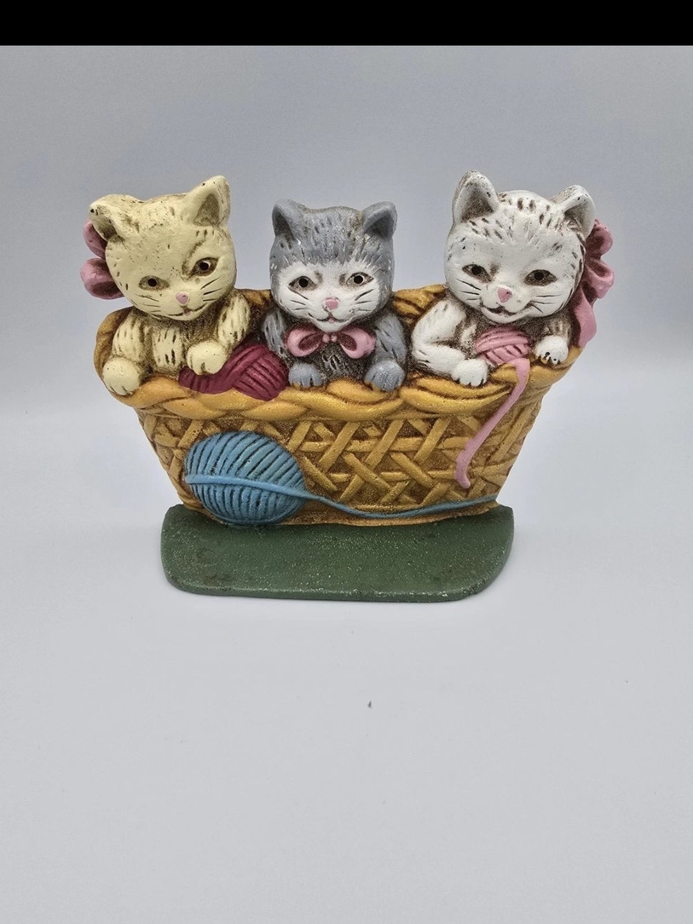 Tri-Kitten Basket Figurine – Pastel Yellow, Gray & White Home Accent